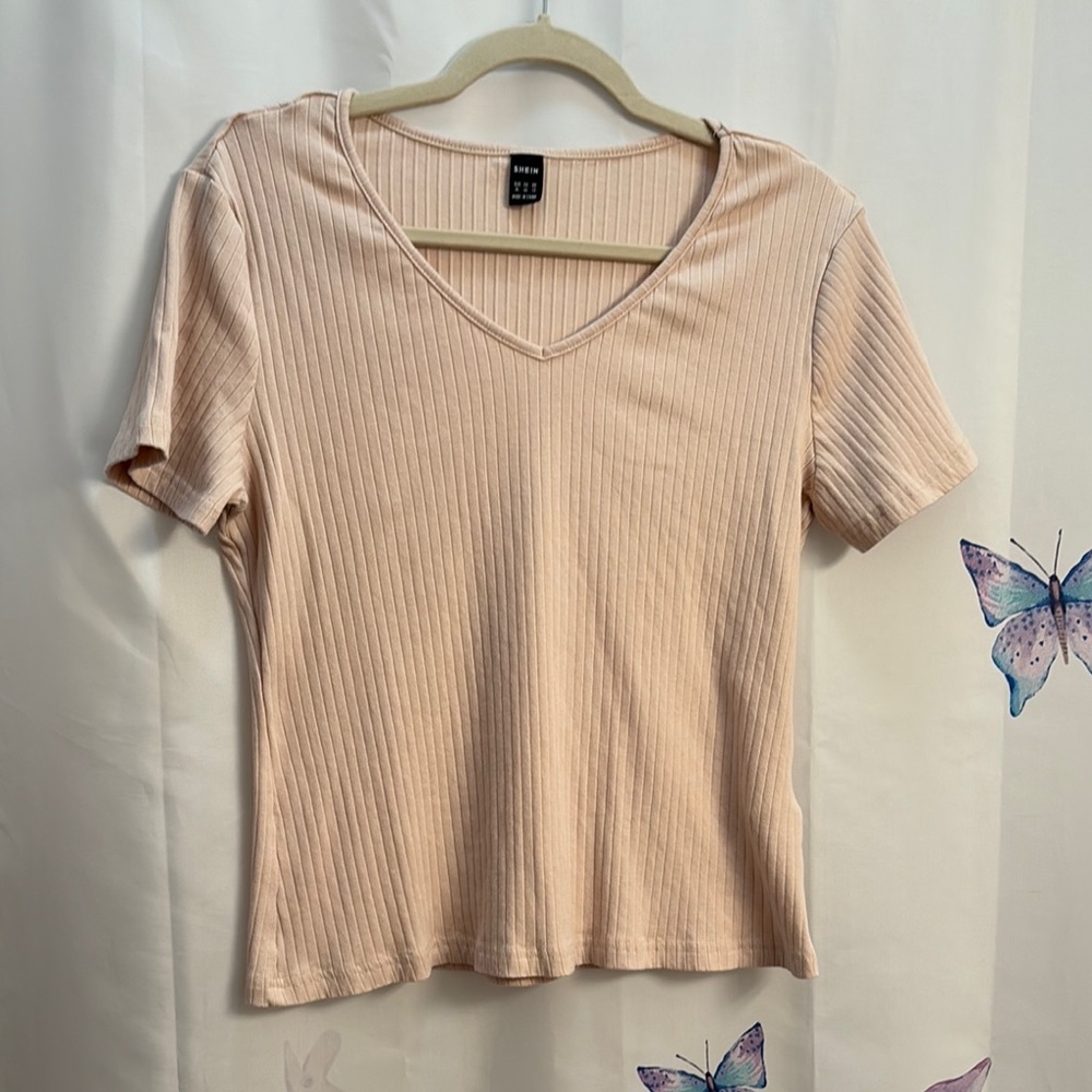 SHEIN Tan Ribbed V-Neck Short Sleeve Tee
